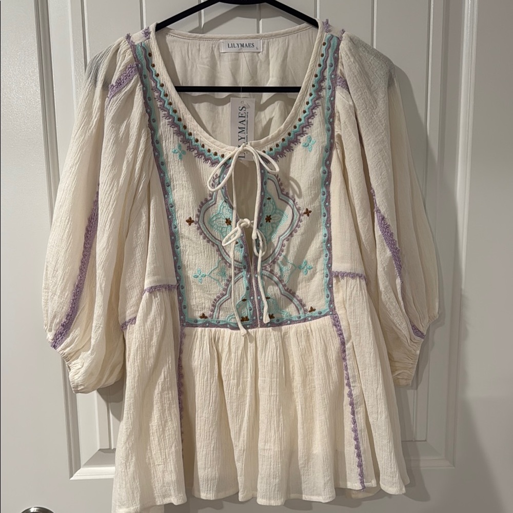 Cream Purple and Aqua Bohemian Style Blouse NEW